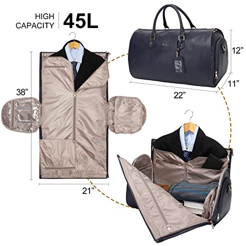 Modoker Women Convertible Leather Garment Bag with Shoulder Strap, PU Leather Garment Duffel Bag Carry on 2 in 1 Hanging Suitcase Suit Travel Bags, Blue - Image 3