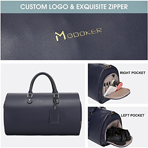 Modoker Women Convertible Leather Garment Bag with Shoulder Strap, PU Leather Garment Duffel Bag Carry on 2 in 1 Hanging Suitcase Suit Travel Bags, Blue - Image 4