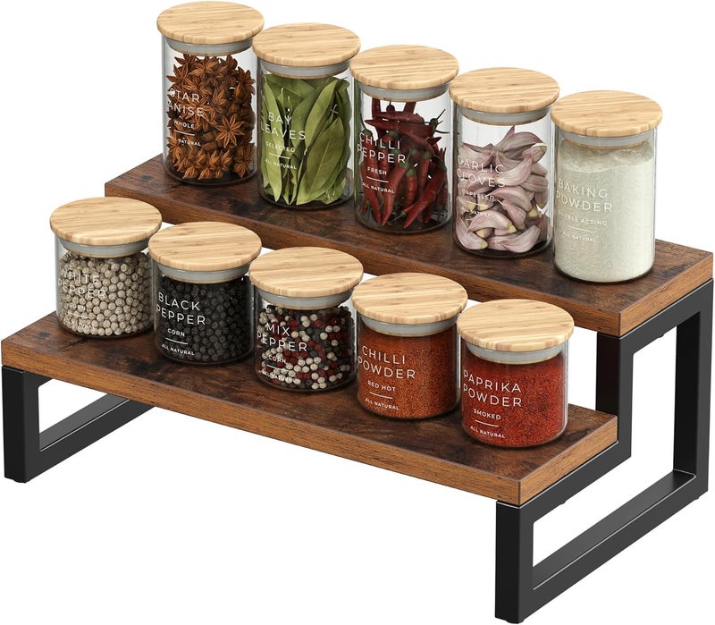 Kundi Rustic Wood Spice Rack Shelf, kitchen organizer rack, rack stand, Kitchen Counter Organiser, Dark Brown (4) (2 Shelves) - Image 1
