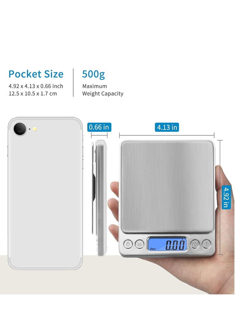 بابونا ميزان قهوة دقيق 0.01 جرام سعة 500 جرام، ميزان مطبخ رقمي عالي الدقة لوزن حبوب ومسحوق القهوة والإسبريسو شاشة LCD مضيئة بطارية AAA*2 فضي - Image 2