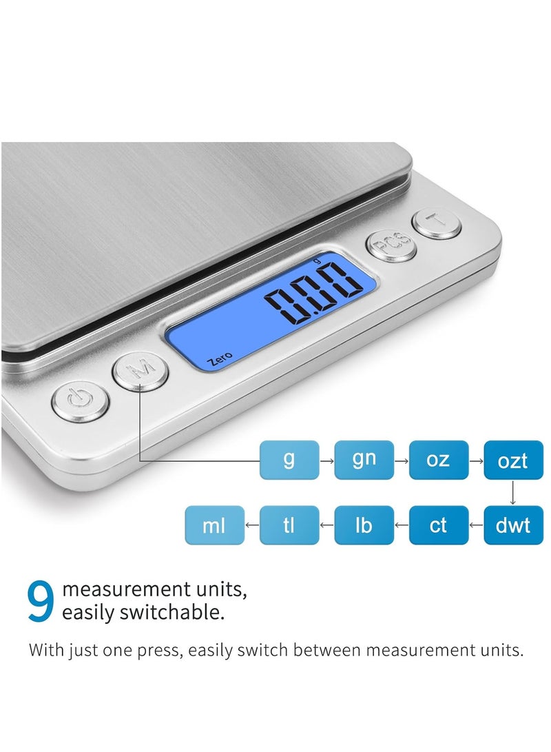 بابونا ميزان قهوة دقيق 0.01 جرام سعة 500 جرام، ميزان مطبخ رقمي عالي الدقة لوزن حبوب ومسحوق القهوة والإسبريسو شاشة LCD مضيئة بطارية AAA*2 فضي - Image 4