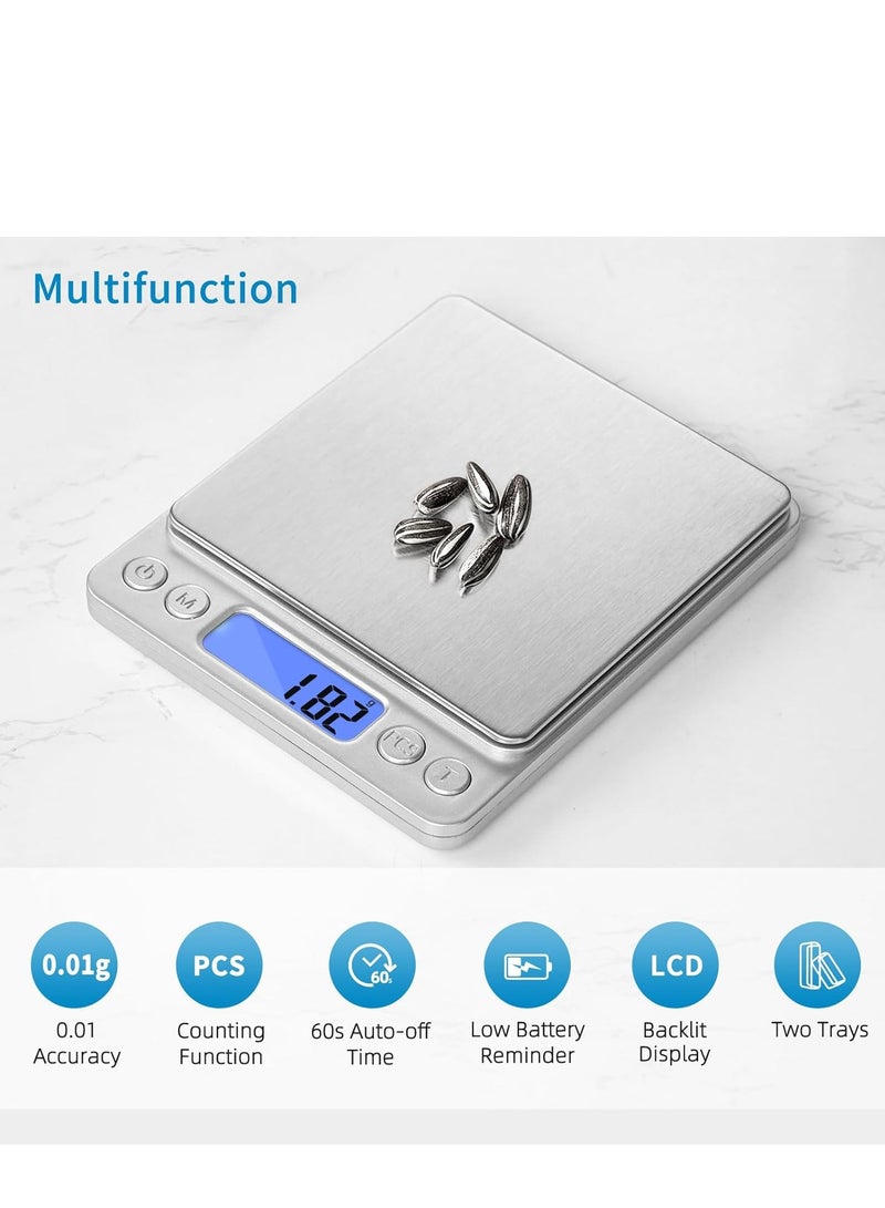 بابونا ميزان قهوة دقيق 0.01 جرام سعة 500 جرام، ميزان مطبخ رقمي عالي الدقة لوزن حبوب ومسحوق القهوة والإسبريسو شاشة LCD مضيئة بطارية AAA*2 فضي - Image 5