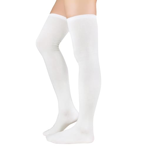 Zando Womens Thigh High Socks Over Knee Tube Stocking Socks Cotton High Leg Warmers Warm Cosplay Legging Sock 1 Pair White One Size - Image 1