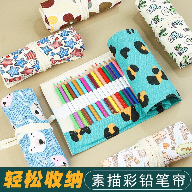 Weizhuang Canvas Pen Curtain 72-Hole Large Capacity Cute Cat Cartoon Men And Women Pencil Case Canvas Sketch Color Lead Painting Stationery Bag - Image 4