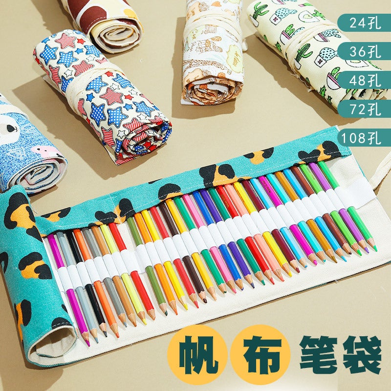 Weizhuang Canvas Pen Curtain 72-Hole Large Capacity Cute Cat Cartoon Men And Women Pencil Case Canvas Sketch Color Lead Painting Stationery Bag - Image 2