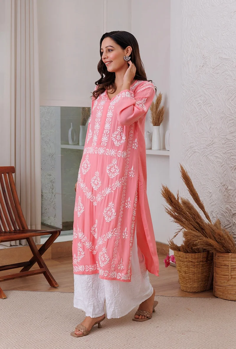 ZERESOUQ Sunehri Peach Modal Chikankari Kurta Only