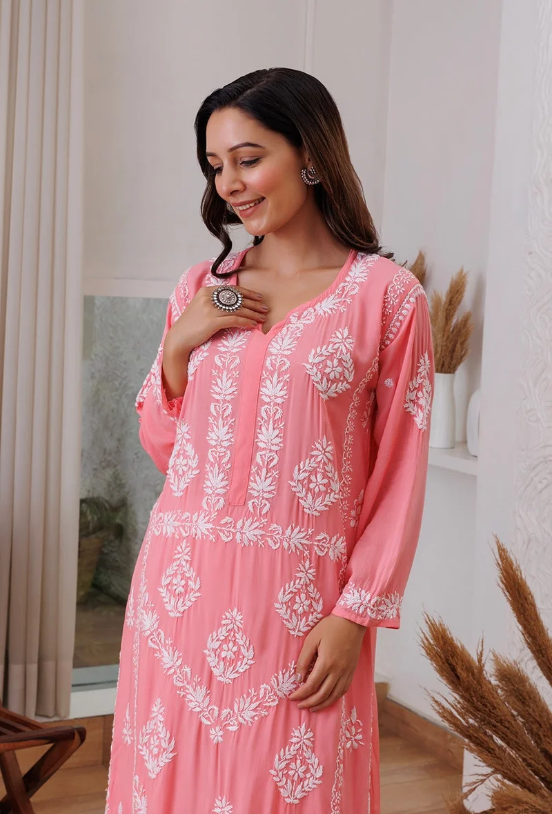 ZERESOUQ Sunehri Peach Modal Chikankari Kurta Only