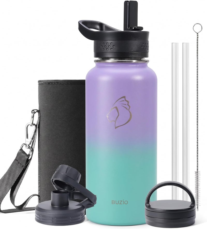 BUZIO 32 oz Water Bottle Insulated with Straw 3 lid and Carrying Pouch Leak Proof AntiSlip Stainless Steel Water Flask Jug Cold for 48 Hrs Double Vacuum Thermo Canteen Pearlescent Purple Green - Image 2