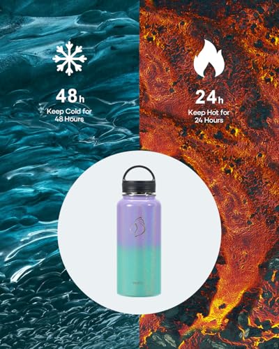 BUZIO 32 oz Water Bottle Insulated with Straw 3 lid and Carrying Pouch Leak Proof AntiSlip Stainless Steel Water Flask Jug Cold for 48 Hrs Double Vacuum Thermo Canteen Pearlescent Purple Green - Image 3