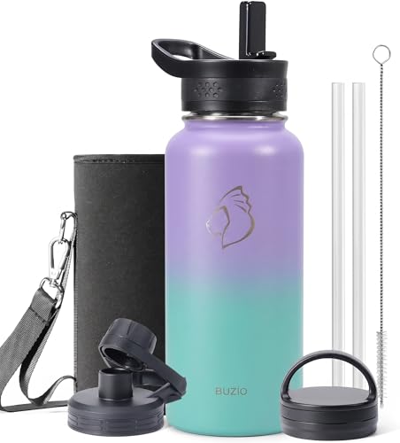 BUZIO 32 oz Water Bottle Insulated with Straw 3 lid and Carrying Pouch Leak Proof AntiSlip Stainless Steel Water Flask Jug Cold for 48 Hrs Double Vacuum Thermo Canteen Pearlescent Purple Green - Image 1