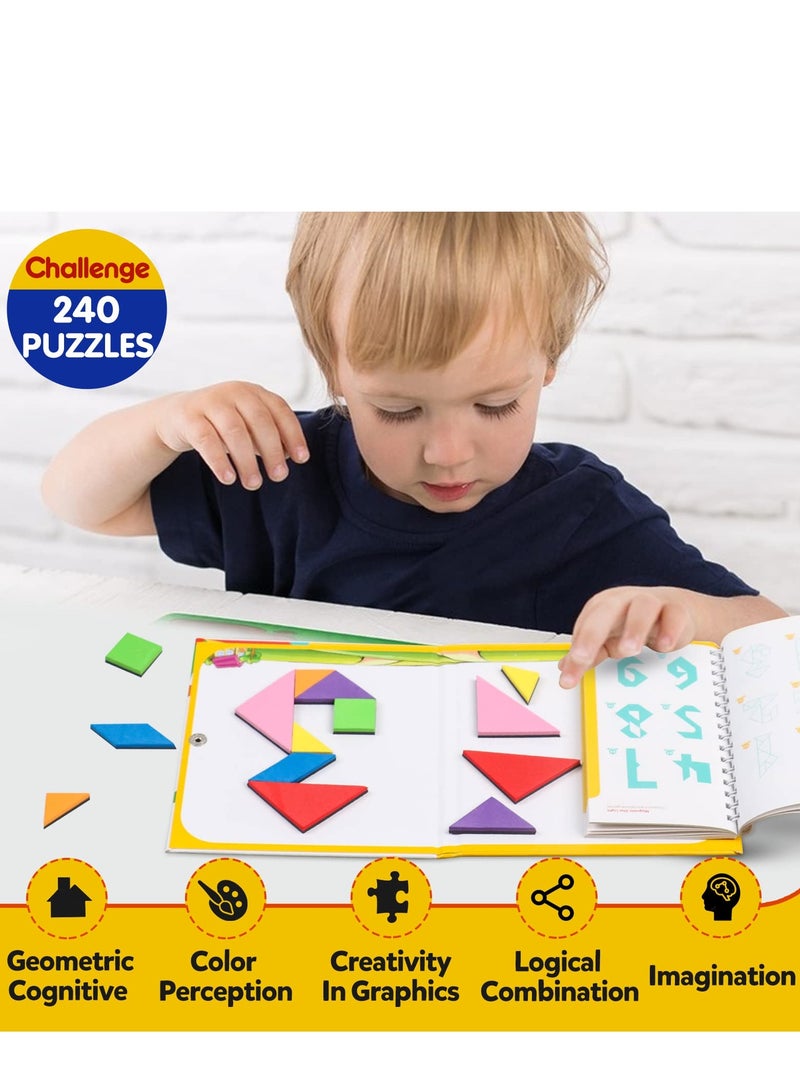 SYOSI Travel Tangram Puzzle with 2 Sets Magnetic Plate-Montessori Shape Pattern Blocks Jigsaw Road Trip Games with 240 Solution - IQ Book Educational Toy Brain Teaser Gift for Kids Adults Challenge - Image 5