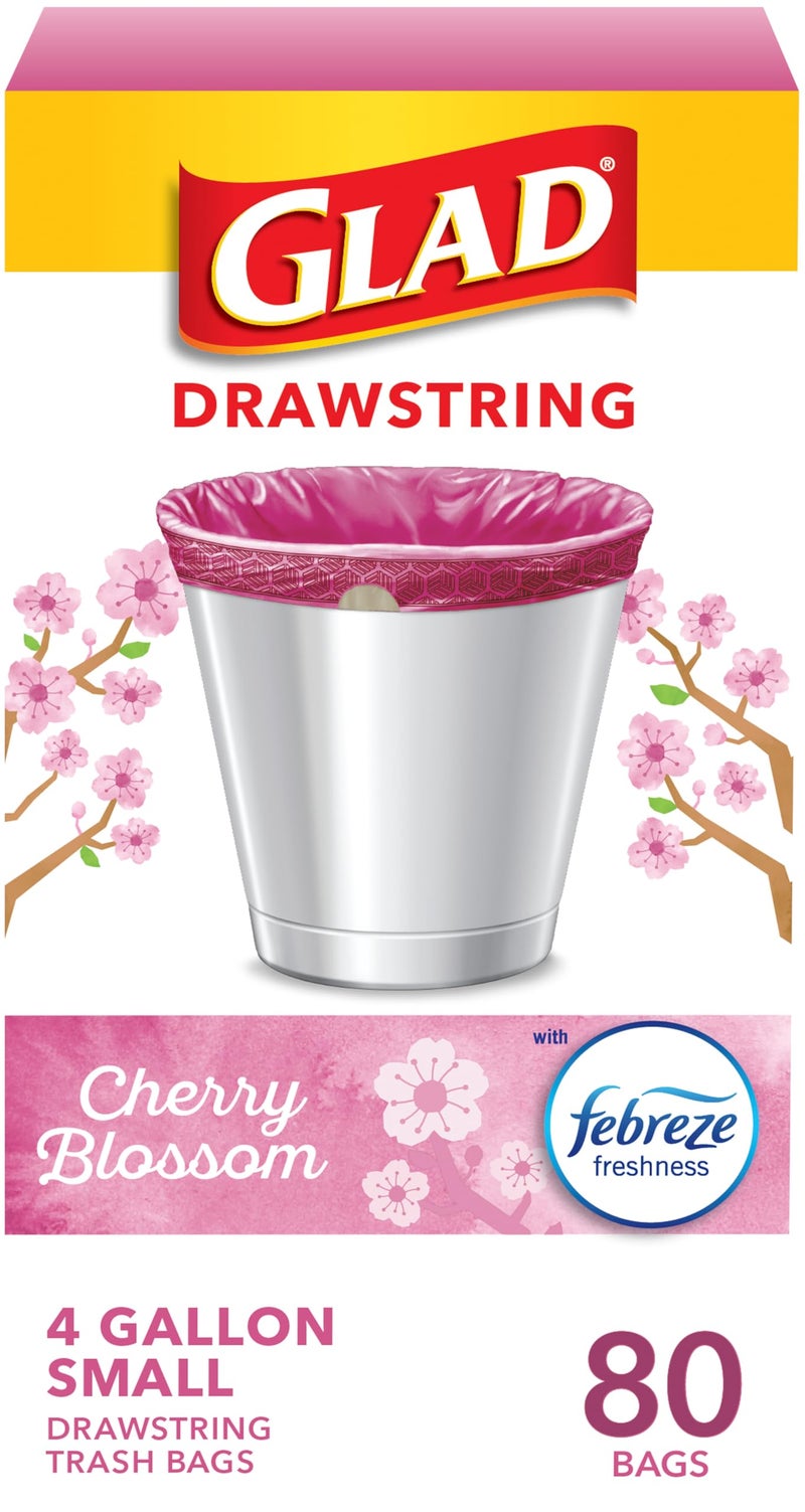 Glad Small Trash Bags 4 Gallon, Febreze Cherry Blossom Garbage Bags, Odor Resistant with Drawstring, 80 Count - Image 1