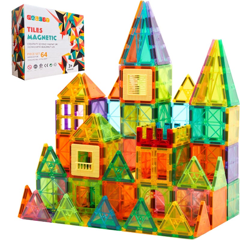OugerToy Magnetic Building Tiles for Kids,64 PCS Educational Magnetic Stacking Blocks for Boys Girls, Magnets Construction Toys,Stem Preschool Kindergarten Learning Toys - Image 1