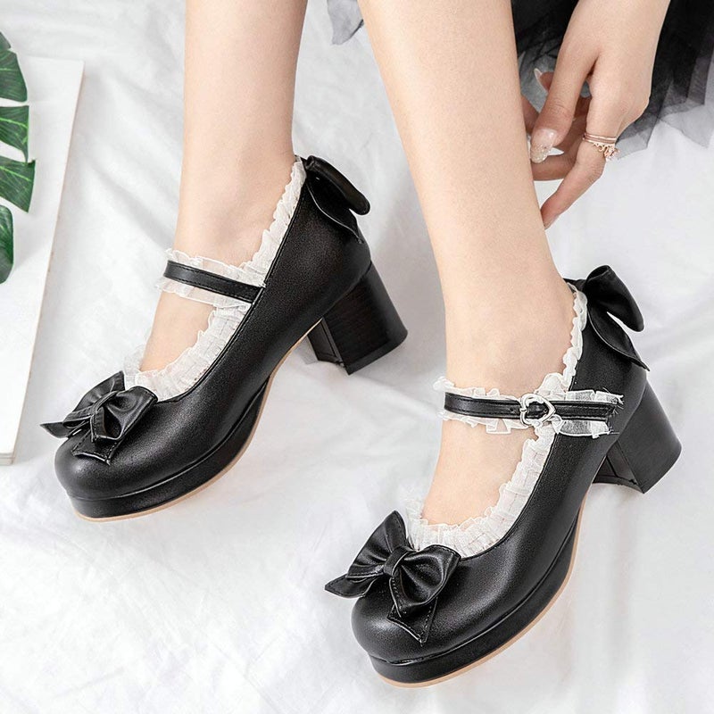 LUXMAX Women Kawaii Mid Block Heel Mary Jane Rockabilly Pumps with Bow Platform Chunky Heel Cute Sweet Shoes, Size 5 M US,Black - Image 2