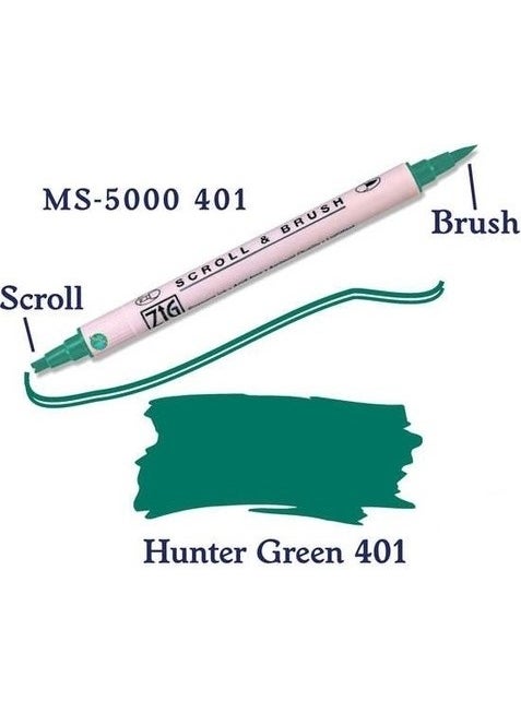 Zig 401 Scroll & Brush Double Line Brush Tip Calligraphy Shading Pen Hunter Green  - Image 1