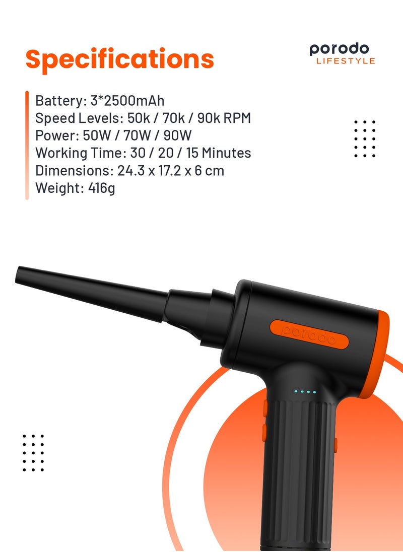 porodo - Triple Speed Portable Air Duster with Extra Nozzles and Vacuum Function / 7500mAh Built-in Battery / Low-Noise Brushless Motor / Efficient / 30mins Working Time - Black - Image 1