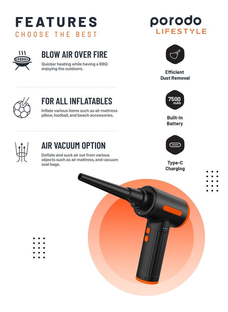 porodo - Triple Speed Portable Air Duster with Extra Nozzles and Vacuum Function / 7500mAh Built-in Battery / Low-Noise Brushless Motor / Efficient / 30mins Working Time - Black - Image 1