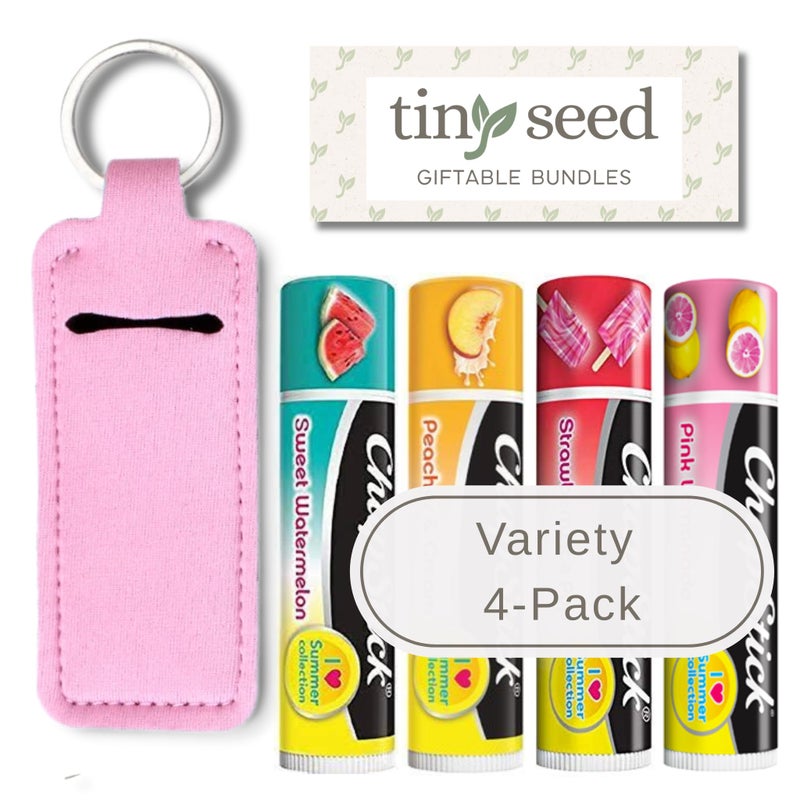 TINY SEED Gift Set Variety 4Pack Lip Balm Strawberry Ice Pop Pink Lemonade Peaches Cream Sweet Watermelon Limited Edition I Love Summer Collection Includes Lip Balm Holder Keychain Pink