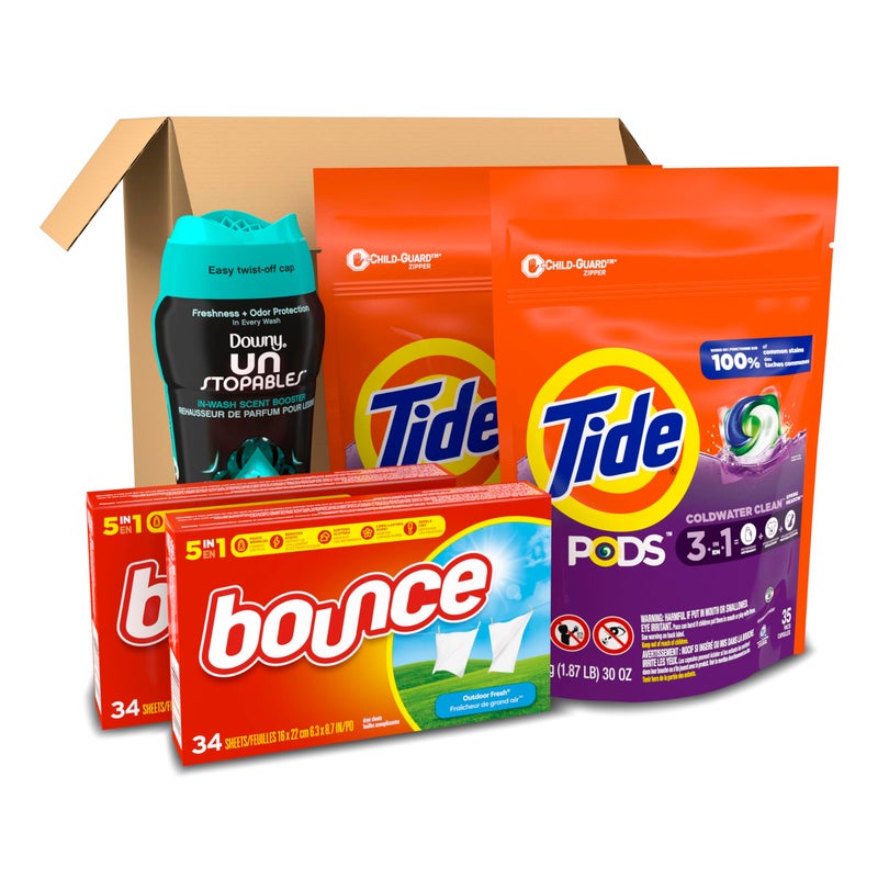 Tide Pods Liquid Laundry Detergent Pacs, Downy Unstopable Scent Beads and Bounce Dryer Sheets, Better Together Bundle - Image 5