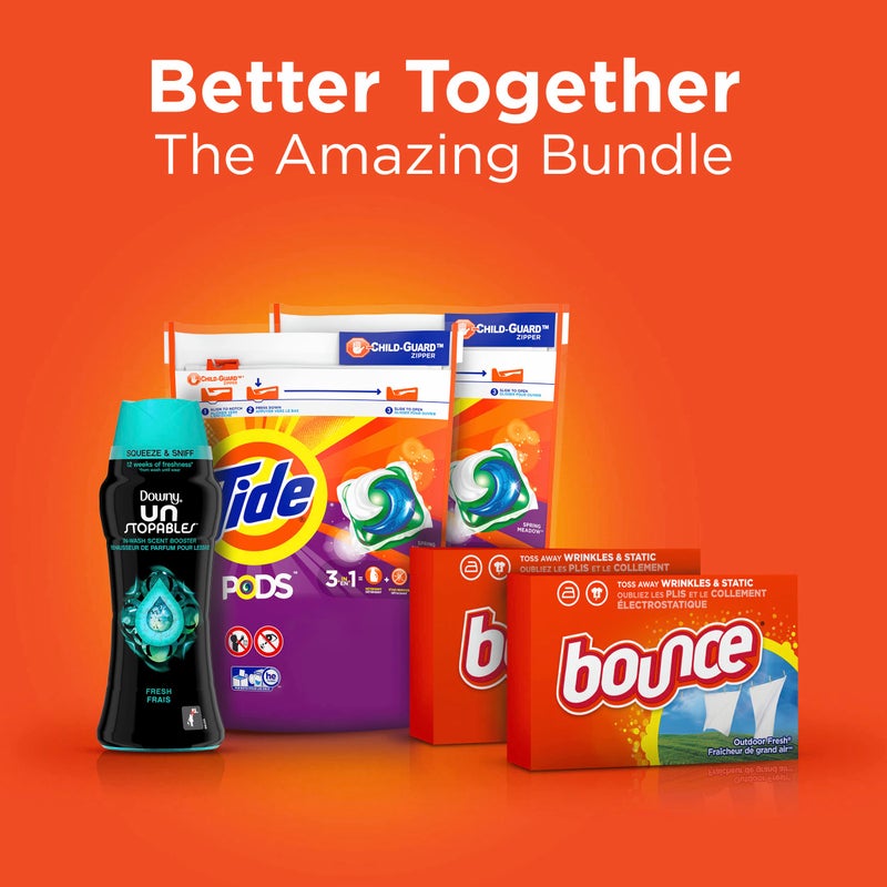 Tide Pods Liquid Laundry Detergent Pacs, Downy Unstopable Scent Beads and Bounce Dryer Sheets, Better Together Bundle - Image 2