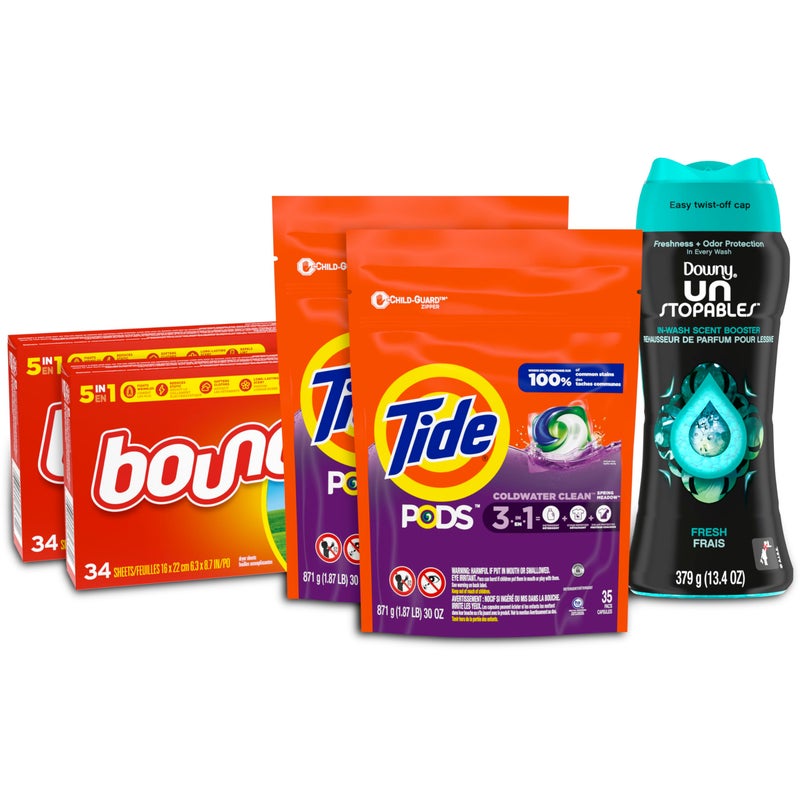 Tide Pods Liquid Laundry Detergent Pacs, Downy Unstopable Scent Beads and Bounce Dryer Sheets, Better Together Bundle - Image 1