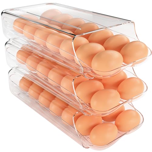 theaoo Egg Holder for Fridge Automatic Rolling Egg Container for Refrigerator Clear Plastic Egg Dispenser Stackable Eggs Organizer with Quick Removable inner Tray For Organizers and Storage 3 Pack