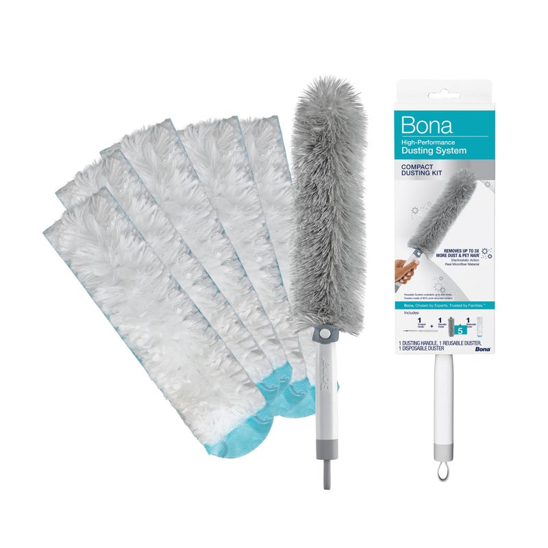 Bona High Performance Dusting System - 1 Compact Handle, 5 Disposable Dusters, & 1 Reusable Duster - Compact Dusting Kit Removes Dust & Pet Hair - Image 1
