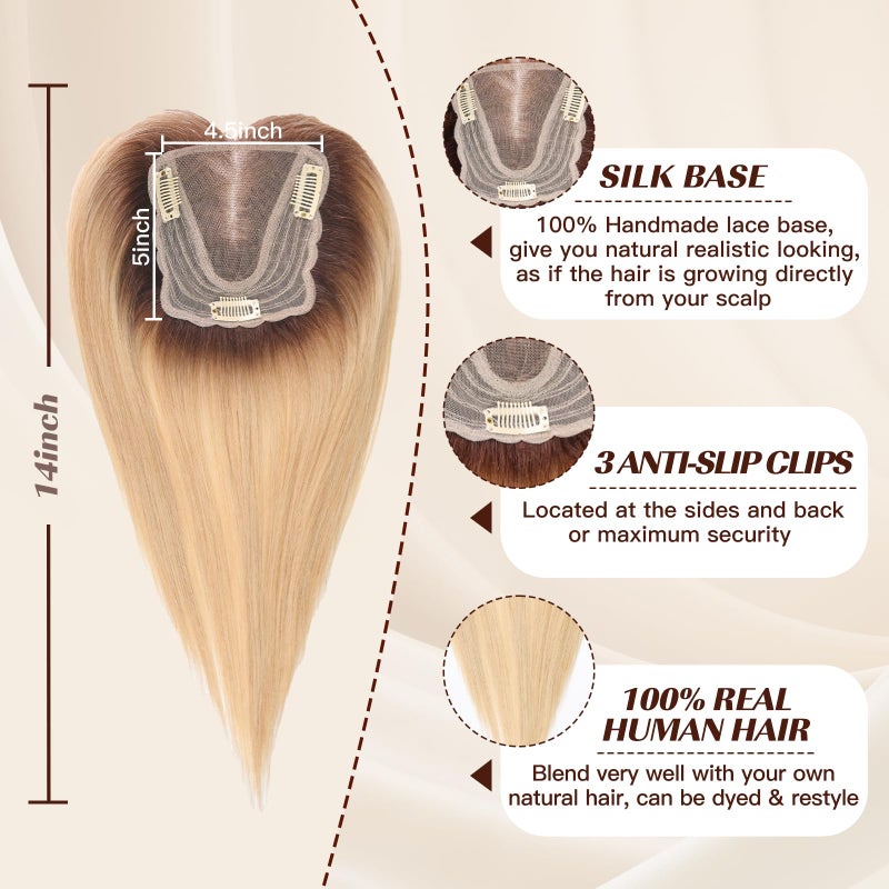 HAIRCUBE Hair Toppers for Women,Top Hairpieces 100% Real Human Hair with No bangs, Human Hair Toppers with 3 Clips, Swiss Lace Base Hand-Tied, Hair lossing/Thinning, Gray hair 14inch Ombre Blonde - Image 2