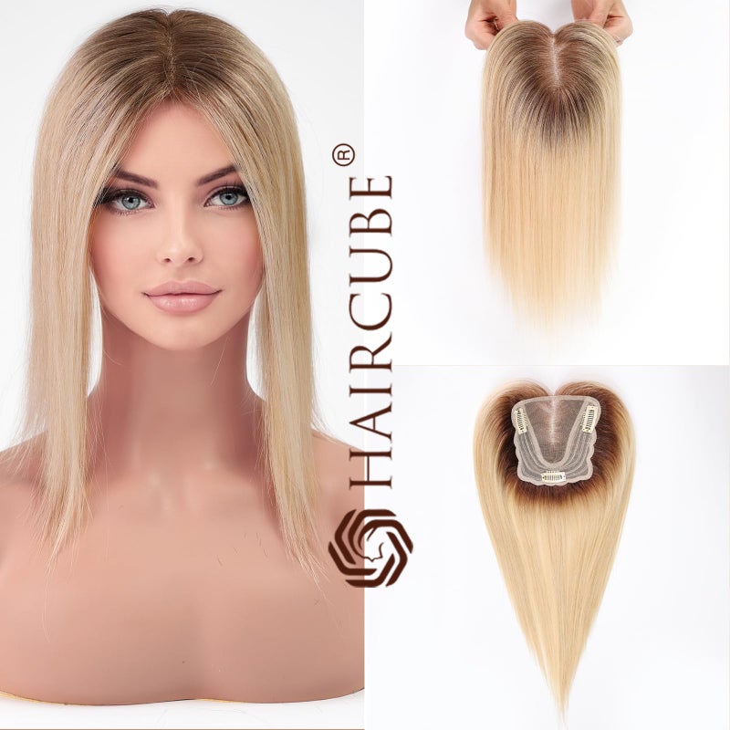 HAIRCUBE Hair Toppers for Women,Top Hairpieces 100% Real Human Hair with No bangs, Human Hair Toppers with 3 Clips, Swiss Lace Base Hand-Tied, Hair lossing/Thinning, Gray hair 14inch Ombre Blonde - Image 4