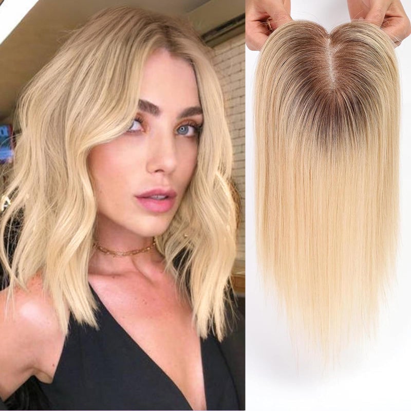 HAIRCUBE Hair Toppers for Women,Top Hairpieces 100% Real Human Hair with No bangs, Human Hair Toppers with 3 Clips, Swiss Lace Base Hand-Tied, Hair lossing/Thinning, Gray hair 14inch Ombre Blonde - Image 1