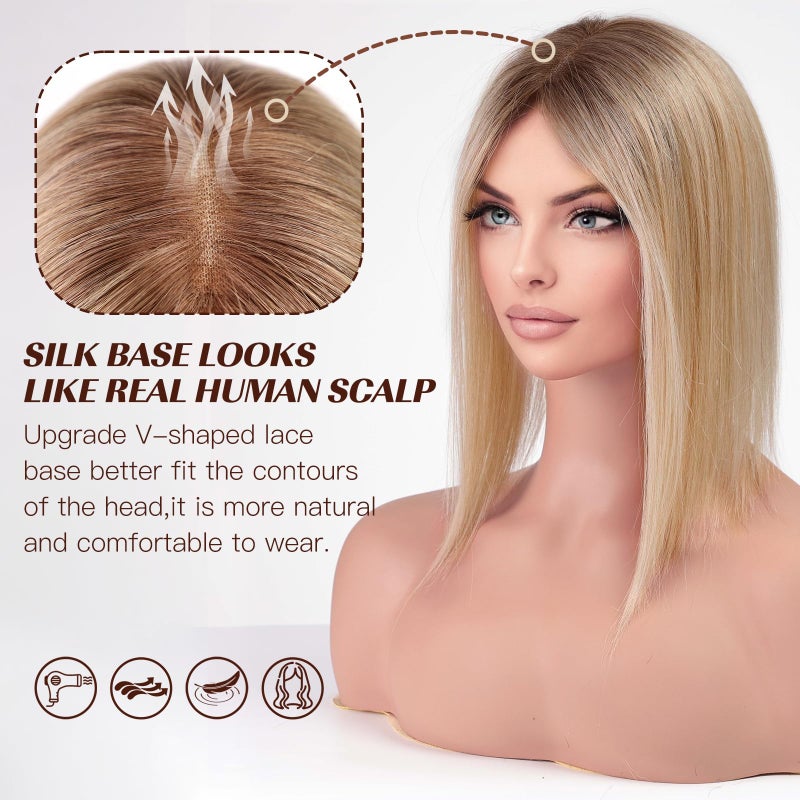 HAIRCUBE Hair Toppers for Women,Top Hairpieces 100% Real Human Hair with No bangs, Human Hair Toppers with 3 Clips, Swiss Lace Base Hand-Tied, Hair lossing/Thinning, Gray hair 14inch Ombre Blonde - Image 3