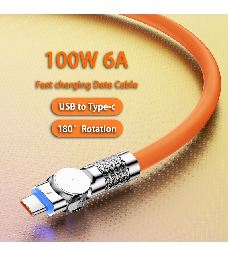 6A 100W 180 درجة دوران USB C كابل شحن فائق السرعة 39.37 بوصة برتقالي للألعاب - Image 1