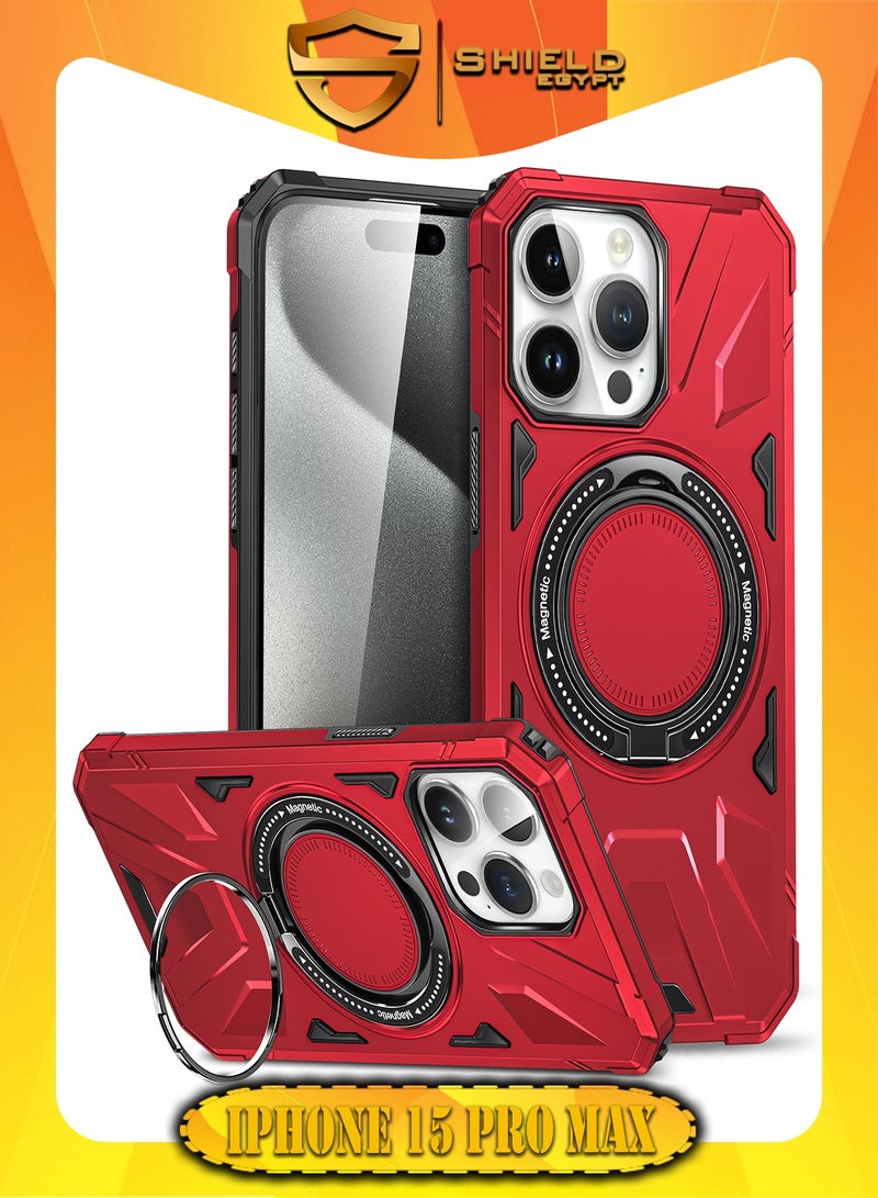 SHIELD EGYPT SHIELD EGYPT For iPhone 15 Pro Max Case Mag-Safe Magnetic Shockproof Phone Case with Ring Holder (Red)