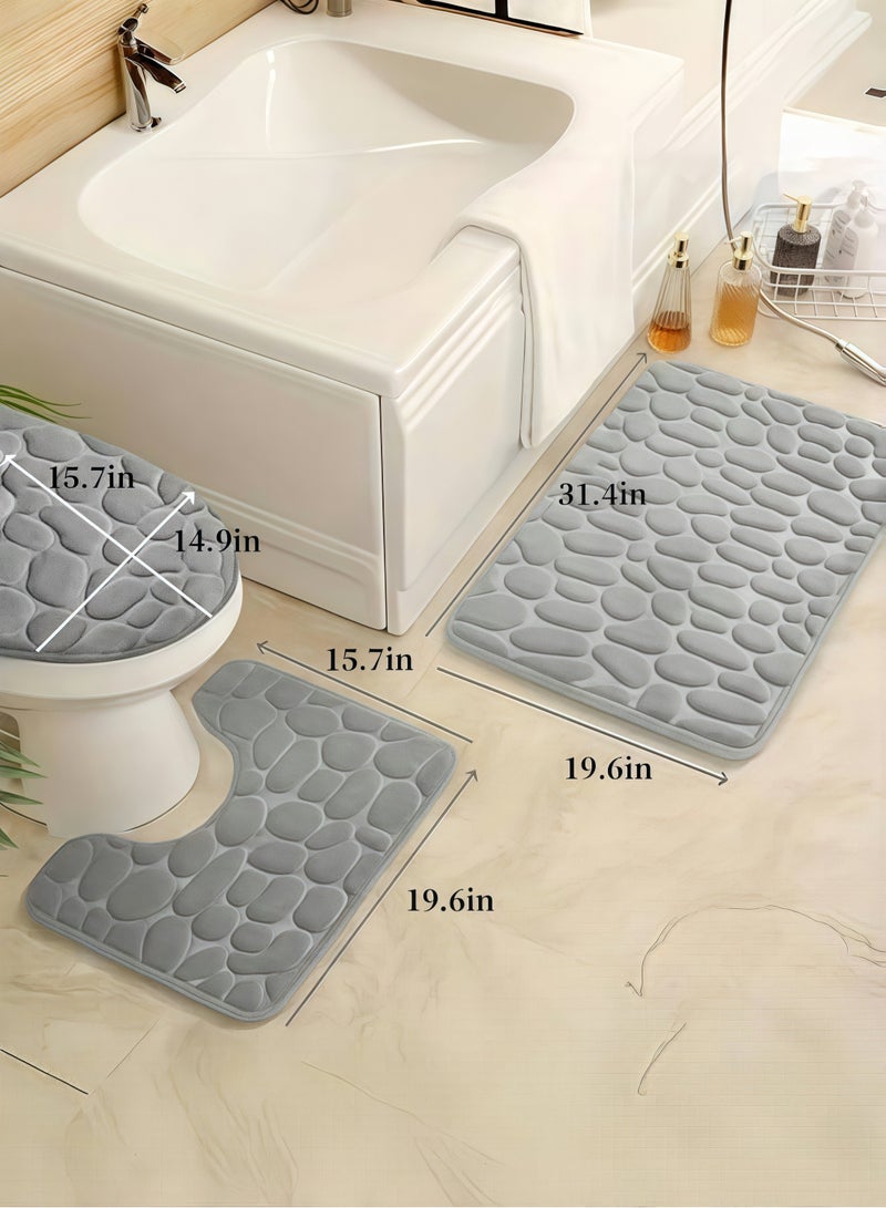Aikenn 3 Piece Bathroom Rugs Sets, U-shaped Cobblestone Memory Foam Bathroom Mats Carpet, Non Slip Water Absorbent Bath Mats for Bathroom,Washable Extra Thick Bath Rugs for Tub or Toilet Floor  - Image 2