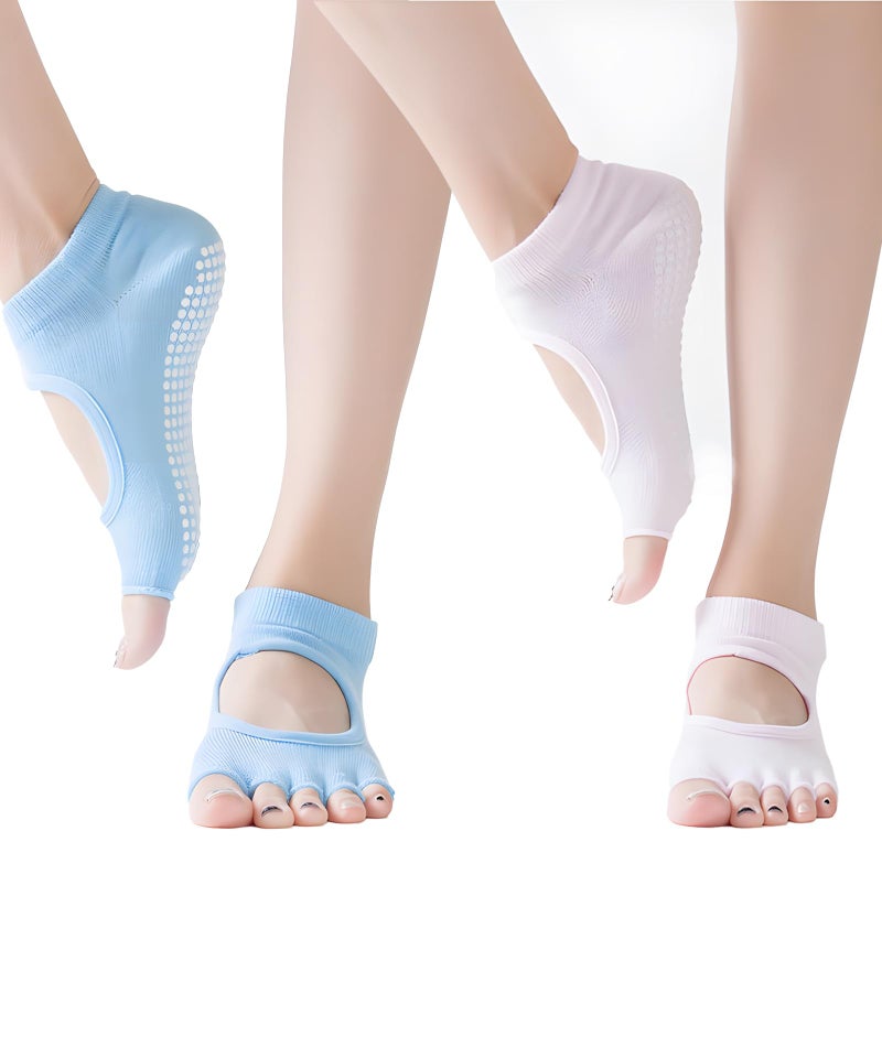 INOCEAN 2 Pairs Yogo Socks for Women, Toe Socks for Women,Non-Slip Toe, Pink and Blue Colors, Comfortable Temple, Ideal for Yoga, Pilates, and Barefoot Workouts - Image 1