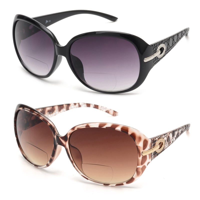 JM 2 Pairs Classic Bifocal Reading Sunglasses for Women Vintage Reader Glasses Outdoor UV Protection Black+Tortoise 1.0 - Image 1