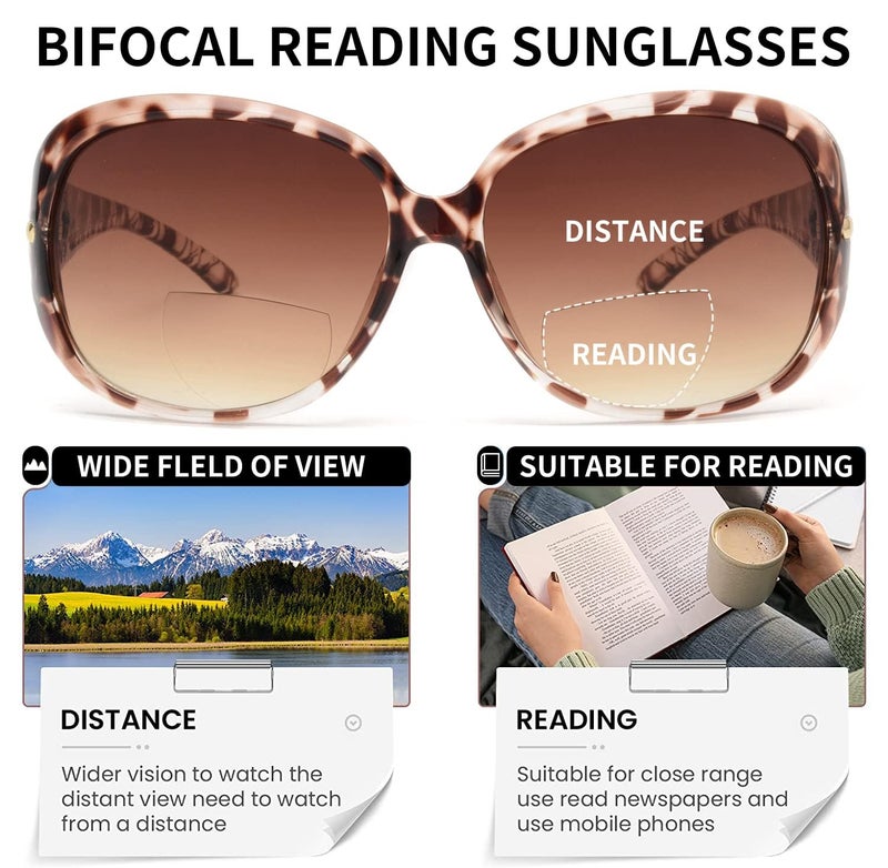 JM 2 Pairs Classic Bifocal Reading Sunglasses for Women Vintage Reader Glasses Outdoor UV Protection Black+Tortoise 1.0 - Image 3