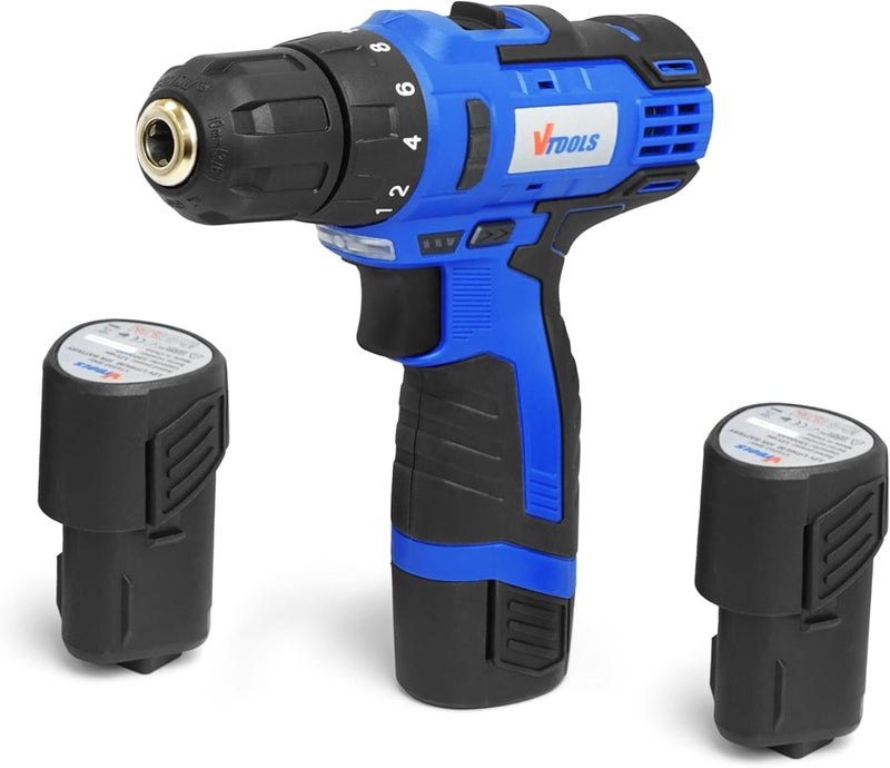 VTOOLS 12V Cordless Drill Driver With 1.5 Ah Lithium-Ion Battery, 1 Charger & 2 Battery, 2-Variable Speed, 10Mm Chuck, Built-In Led Light, Carrying Case, Blue, Vt1202-Bmc - Image 1