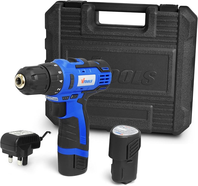 VTOOLS 12V Cordless Drill Driver With 1.5 Ah Lithium-Ion Battery, 1 Charger & 2 Battery, 2-Variable Speed, 10Mm Chuck, Built-In Led Light, Carrying Case, Blue, Vt1202-Bmc - Image 2
