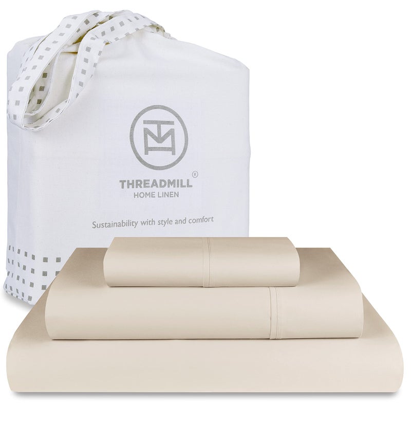 Threadmill 100 Cotton Sheets for Twin XL Size Bed  600 Thread Count Twin XL Bed Sheets Set with 15 Deep Pocket  Sateen Weave 3Piece Bedding Set with Cooling Effect Beige