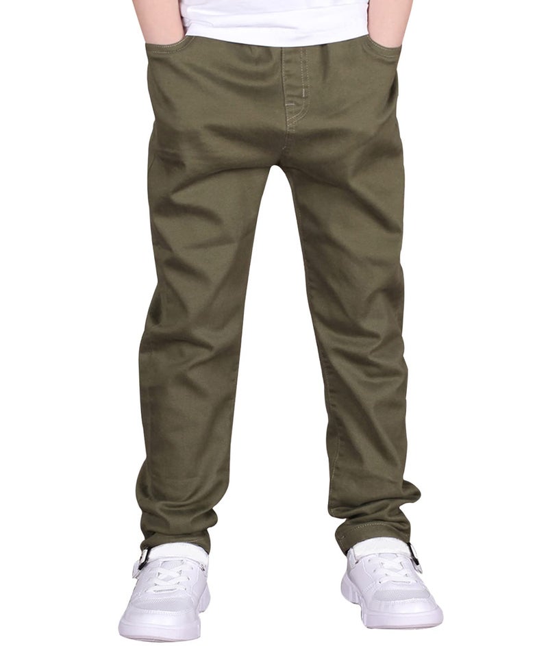 CAMLAKEE Boys Stretch Pull on Chino Pants Kids School Uniform Yonth Twill Pants Army Green 1011 Years
