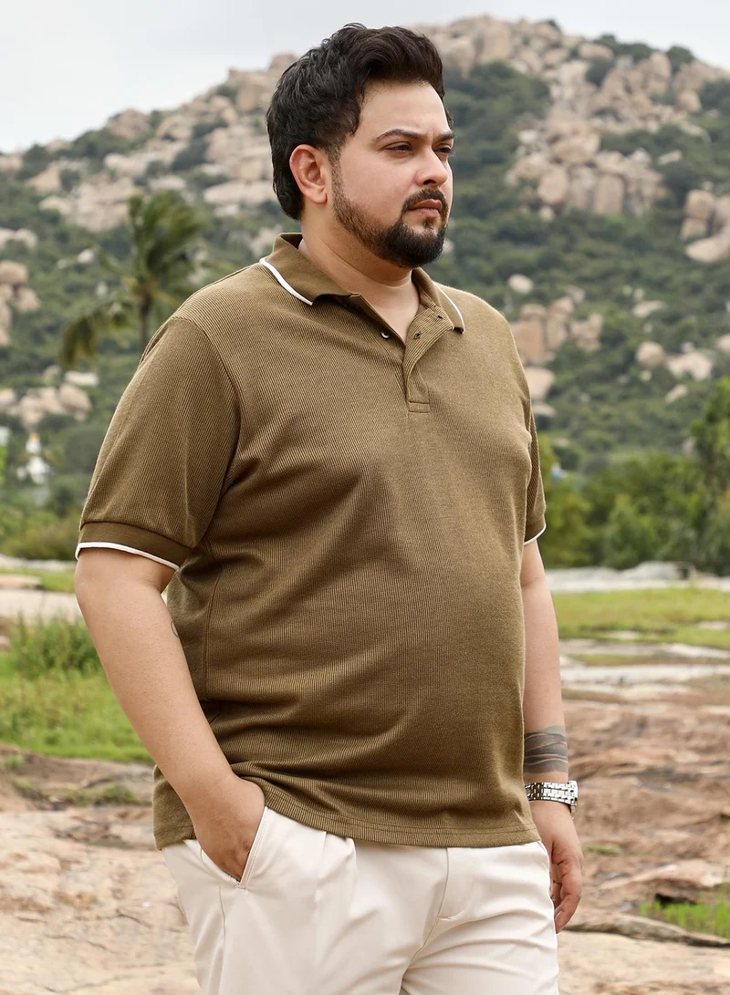 انستافاب بلس Instafab Plus Men Solid Ribbed Polo T-Shirt | Tipping Polo Neck , Short Tipping Cuff Sleeves | Half-Button Closure , Straight Hem | Solid Jacquard | Knit Fabric For Casual & Daily Wear | Olive Brown