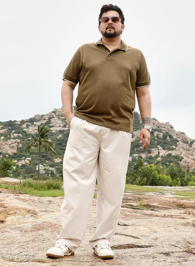 انستافاب بلس Instafab Plus Men Solid Ribbed Polo T-Shirt | Tipping Polo Neck , Short Tipping Cuff Sleeves | Half-Button Closure , Straight Hem | Solid Jacquard | Knit Fabric For Casual & Daily Wear | Olive Brown