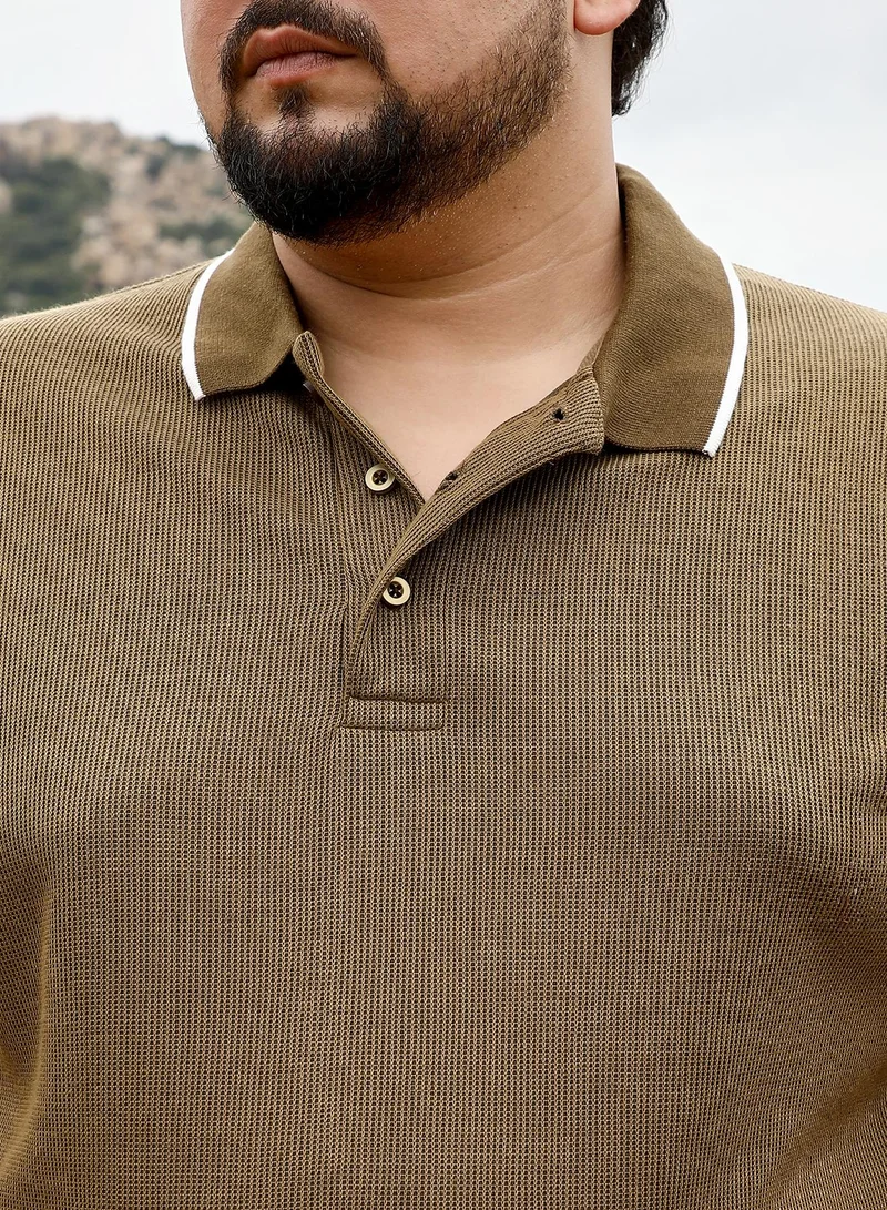 انستافاب بلس Instafab Plus Men Solid Ribbed Polo T-Shirt | Tipping Polo Neck , Short Tipping Cuff Sleeves | Half-Button Closure , Straight Hem | Solid Jacquard | Knit Fabric For Casual & Daily Wear | Olive Brown
