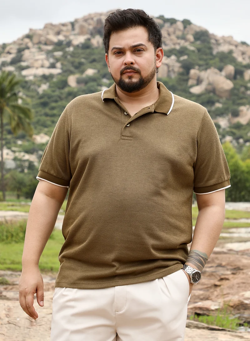 Instafab Plus Instafab Plus Men Solid Ribbed Polo T-Shirt | Tipping Polo Neck , Short Tipping Cuff Sleeves | Half-Button Closure , Straight Hem | Solid Jacquard | Knit Fabric For Casual & Daily Wear | Olive Brown
