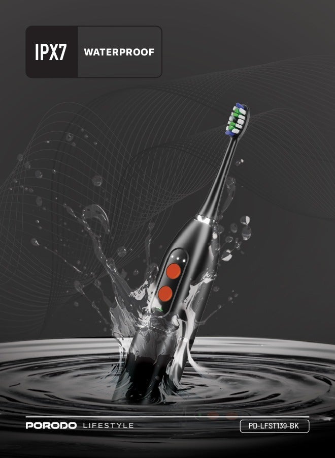 porodo Water Floss & Sonic Electric Toothbrush 100mL with ×2 Replacement Brushes & 25 Days Battery Life / Food-Grade Material / Advanced Cleaning / Upgraded Dupont Bristles - Black - Image 4