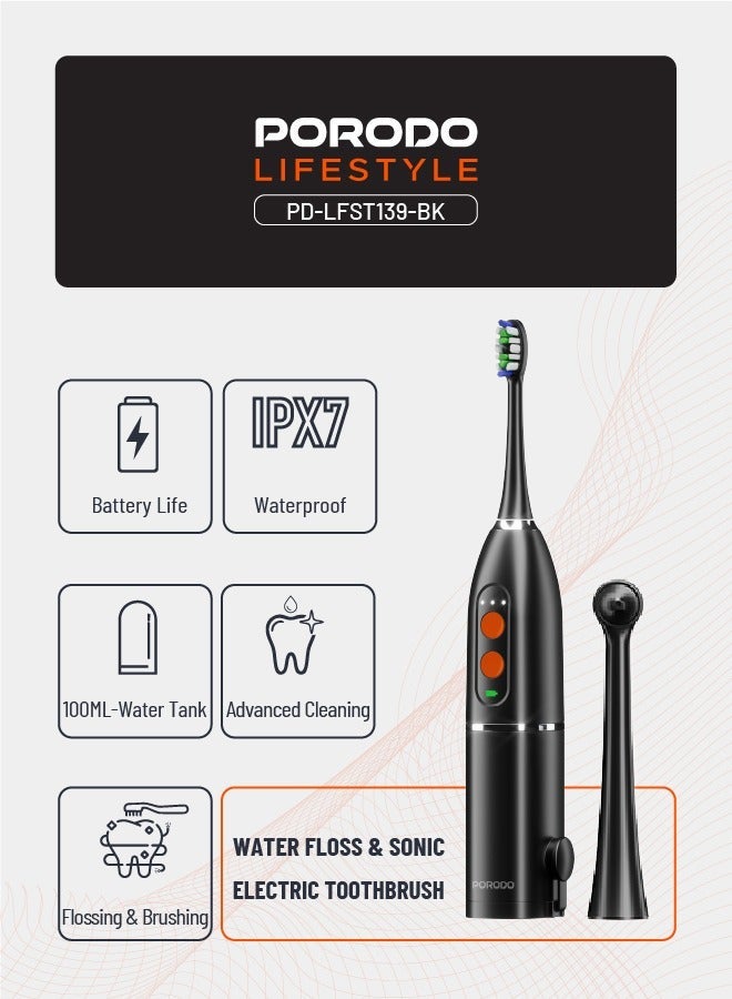 porodo Water Floss & Sonic Electric Toothbrush 100mL with ×2 Replacement Brushes & 25 Days Battery Life / Food-Grade Material / Advanced Cleaning / Upgraded Dupont Bristles - Black - Image 3