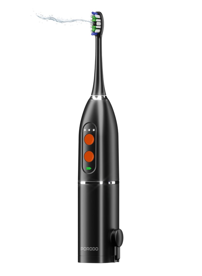 porodo Water Floss & Sonic Electric Toothbrush 100mL with ×2 Replacement Brushes & 25 Days Battery Life / Food-Grade Material / Advanced Cleaning / Upgraded Dupont Bristles - Black - Image 1
