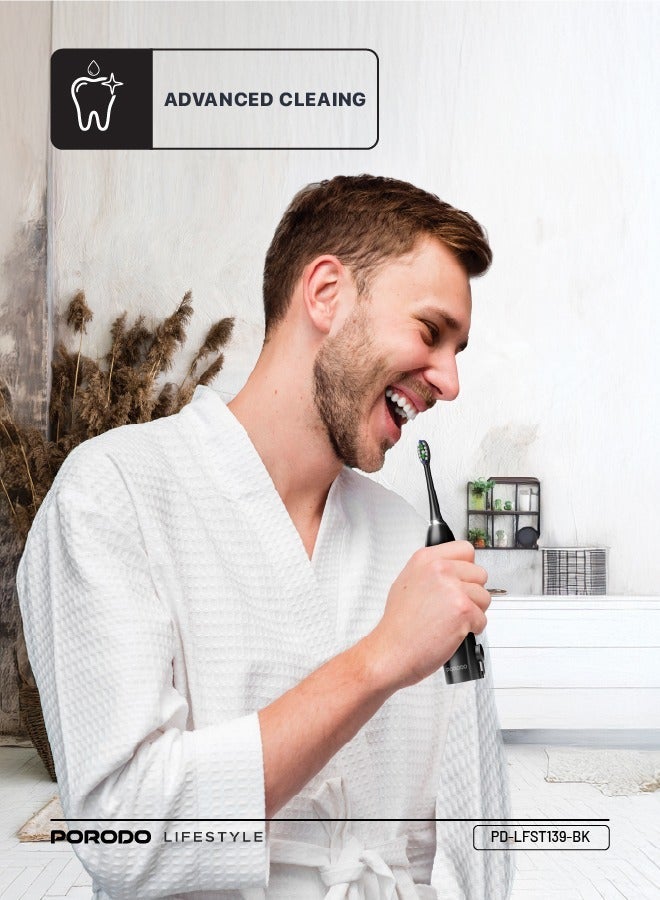 porodo Water Floss & Sonic Electric Toothbrush 100mL with ×2 Replacement Brushes & 25 Days Battery Life / Food-Grade Material / Advanced Cleaning / Upgraded Dupont Bristles - Black - Image 5