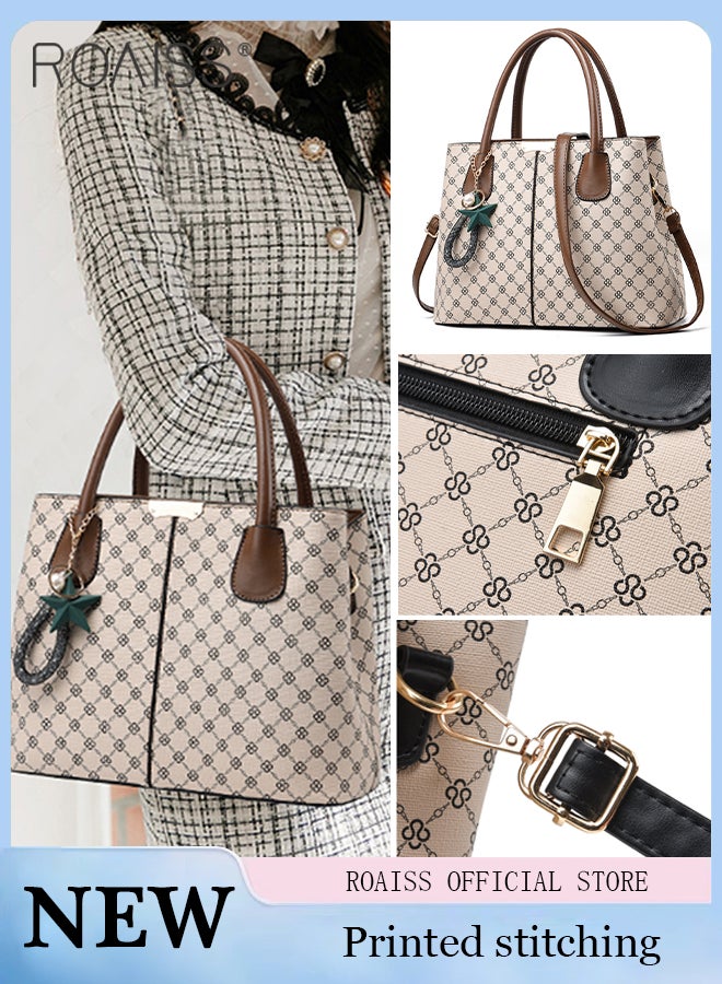 roaiss Women's Printed Large Capacity Handbag Fashionable Retro Pu Leather Patchwork Shoulder Bag Detachable Strap Crossbody Bag - Image 2